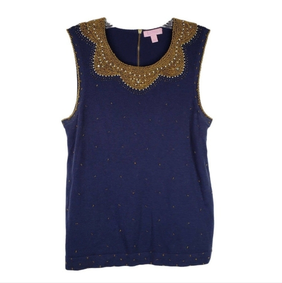 Lilly Pulitzer Navy Top With Gold Beading, Size Large - Picture 2 of 8